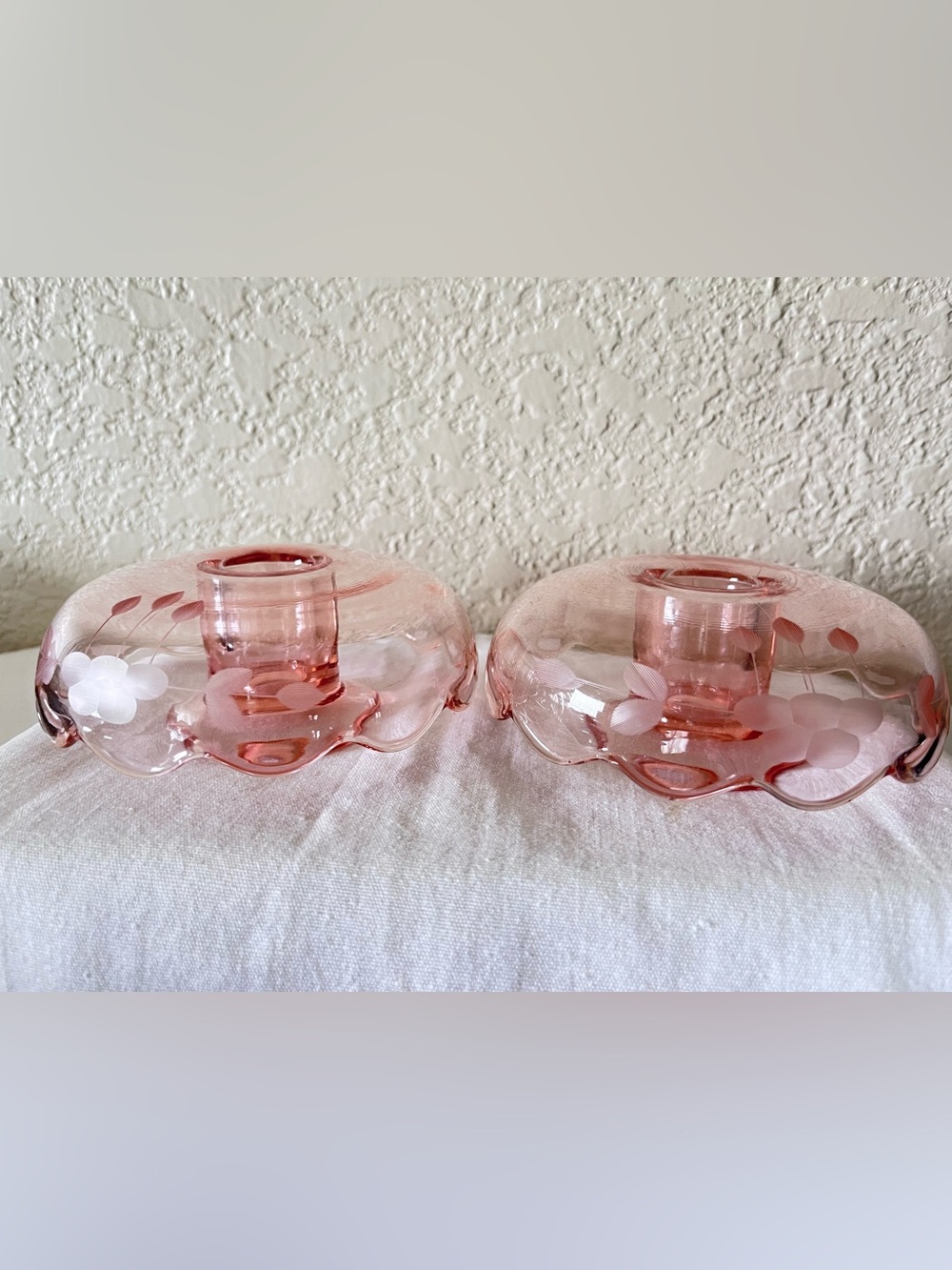 Cambridge Glass Pink Dome Candlestick Holders Etched Elegant Depression Glass